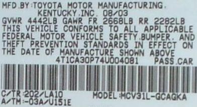 Toyota Camry Solara Model and VIN-code Lable