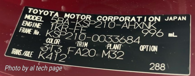 Identification Lable of RHD Japanese Toyota vehicles